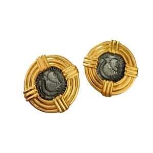 Vintage CAROLEE Gold , Silver Tone Roman Coin Clip On Earrings